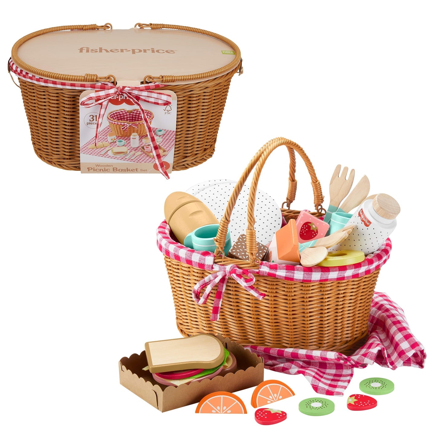 Fisher-Price Wood Pretend Play Toy Picnic Basket, 31-Piece Wooden Food Playset For Preschool Kids Ages 3+ Years