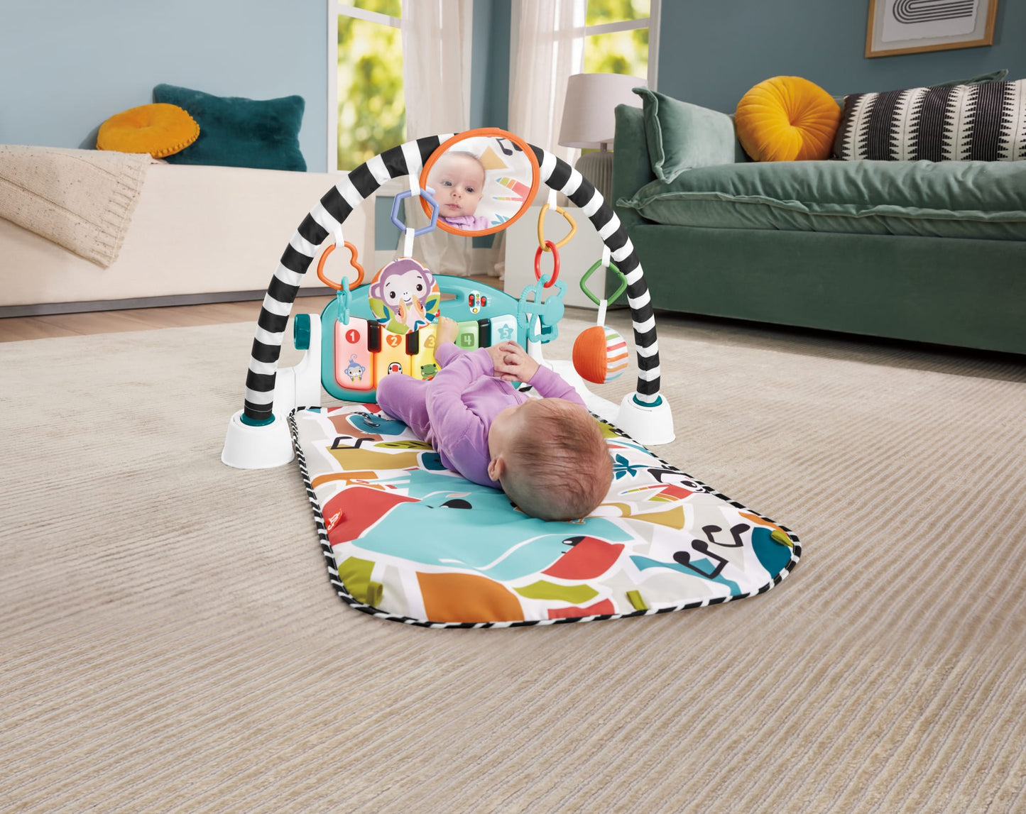 Fisher-Price Glow And Grow Kick & Play Piano Gym Baby Playmat With Musical Learning Toy, Blue - French Version
