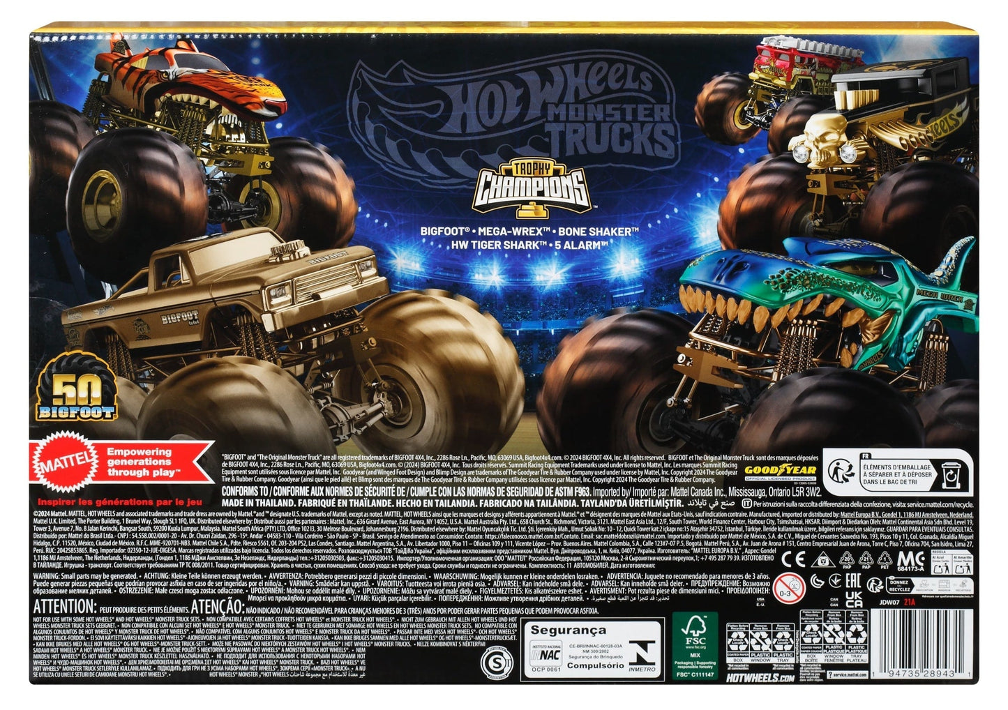 Hot Wheels Monster Trucks Trophy Champions Collection, 5 1:64 Scale Toy Trucks & 6 Die-Cast Cars